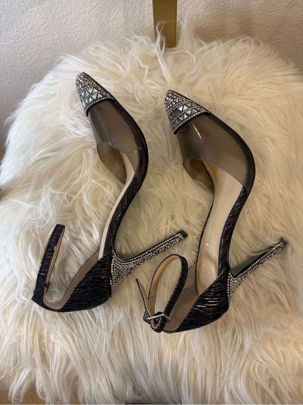 Betsey Johnson Black Crystal-Embellished Pointed-Toe Ankle-Strap Heels - Picture 9 of 12